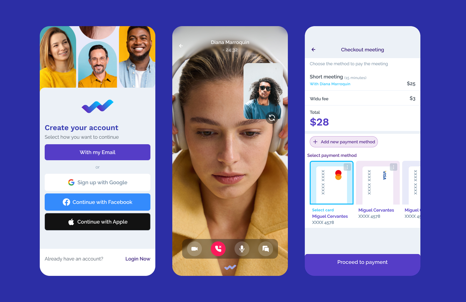 Widu login and video streaming, payment management